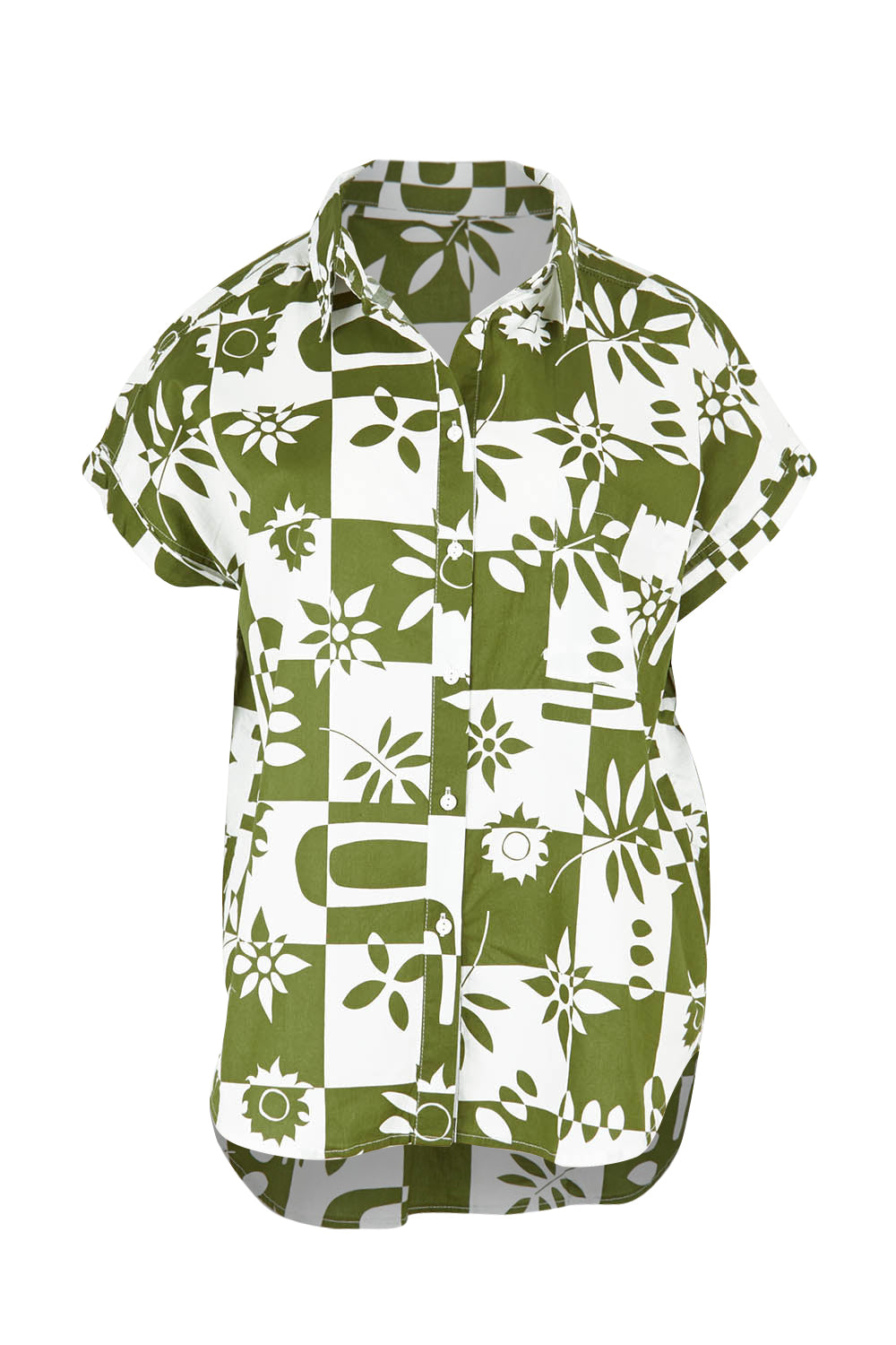 Product shot of the Mara Cotton Shirt in colour Geofloral (Green), from the front
