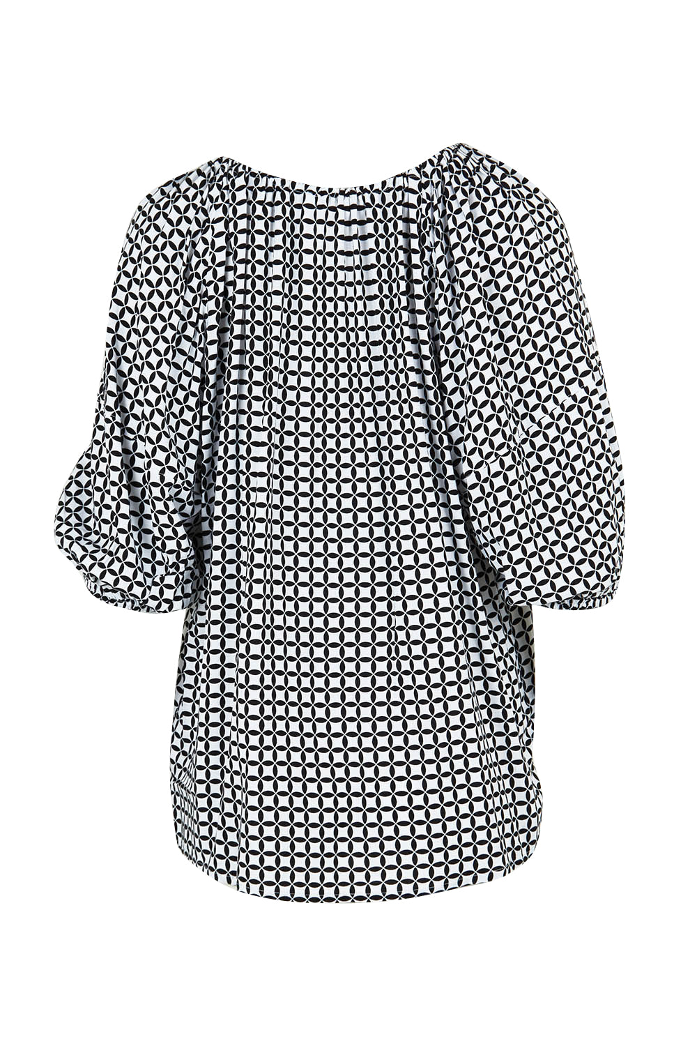 Product shot of the Camilla Blouse in colour Geometric (Black), from the back