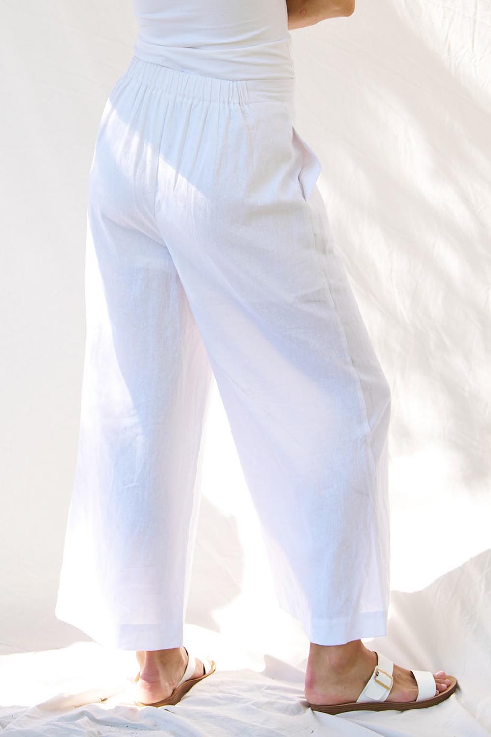 A model wearing the Aspen Linen Blend Palazzo Pant in colour White (White), from the back
