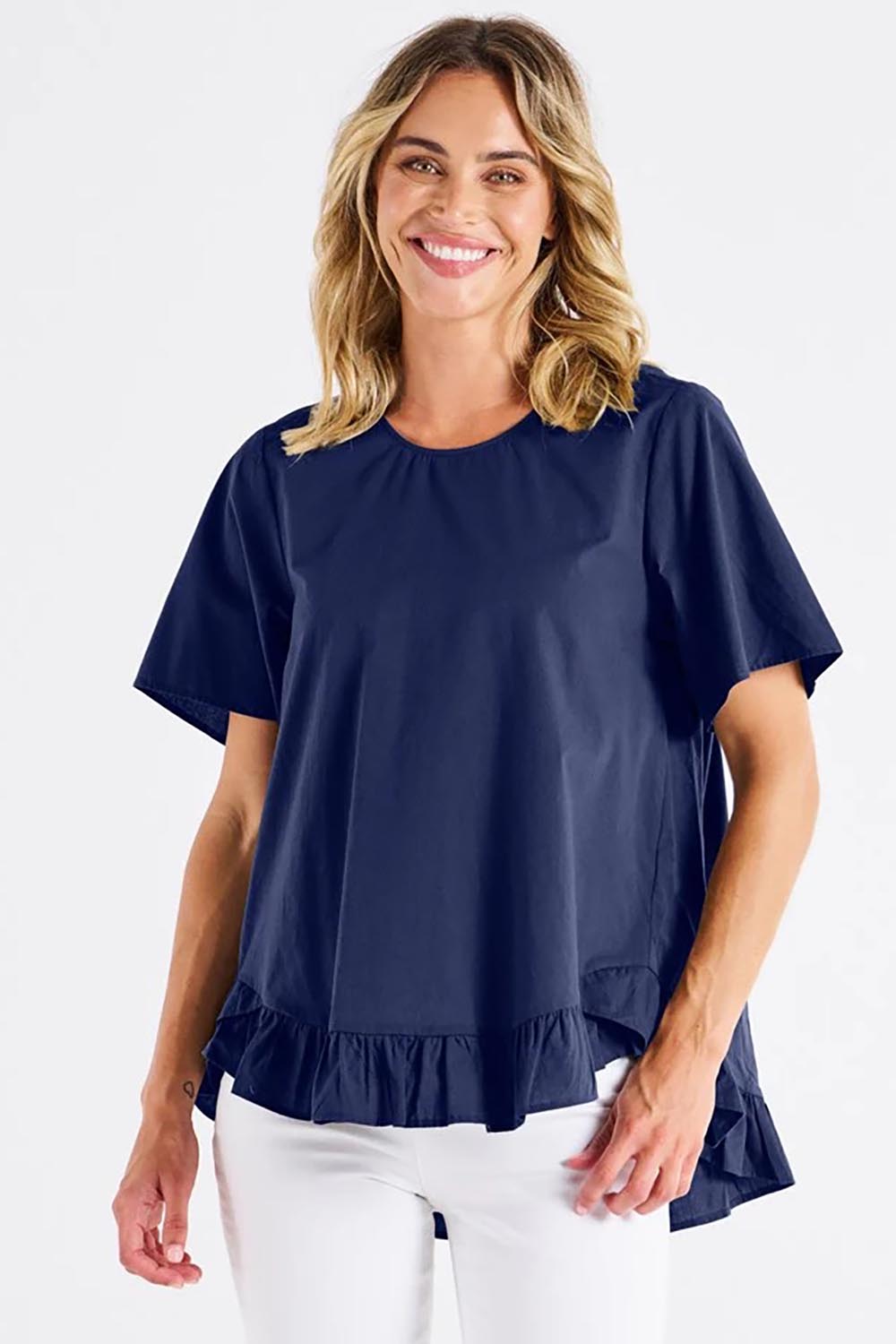 A model wearing the Candice Cotton Blouse in colour Frenchblue (Blue), from the front, cropped image