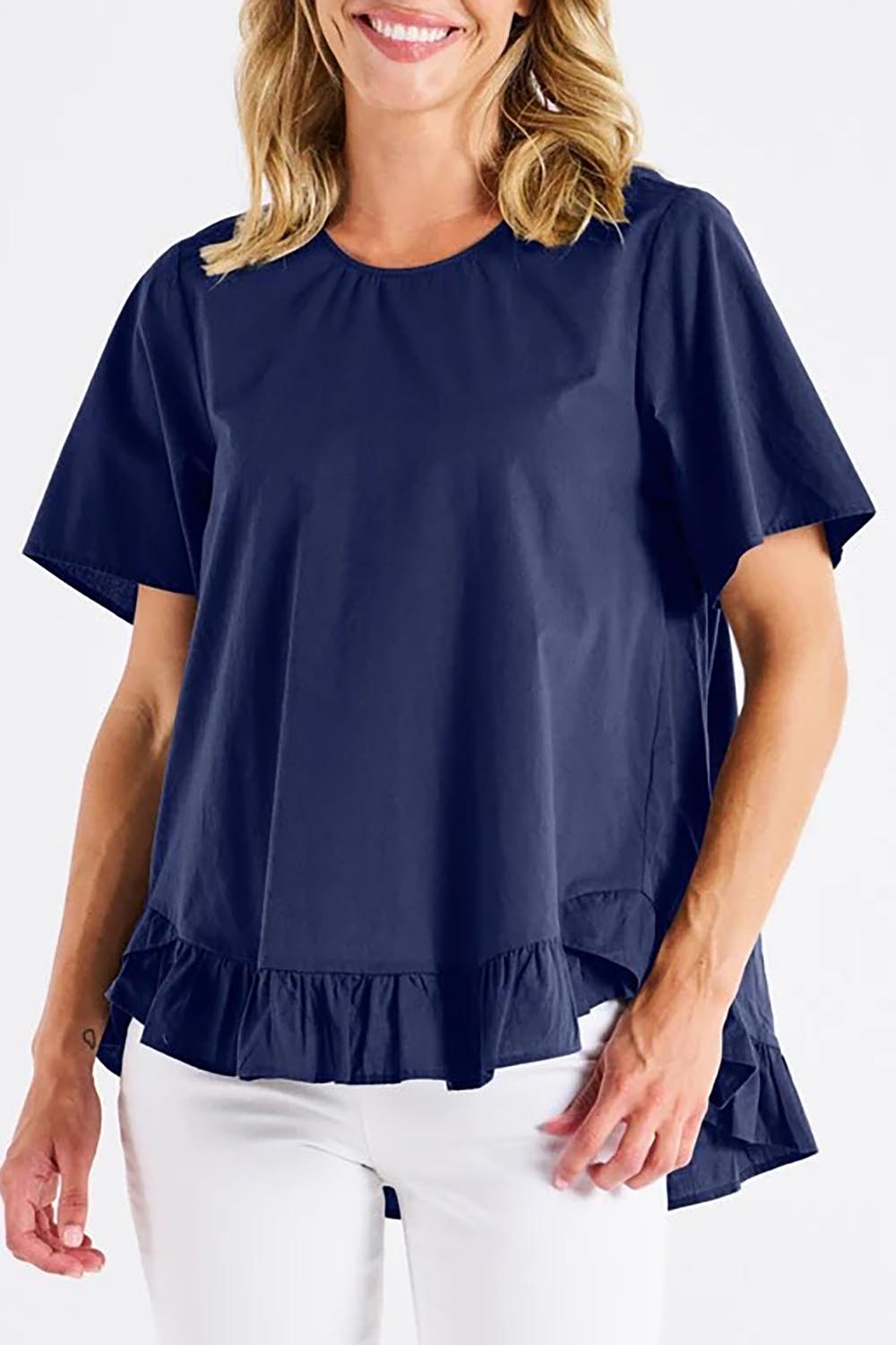 A model wearing the Candice Cotton Blouse in colour Frenchblue (Blue), from the front, cropped image