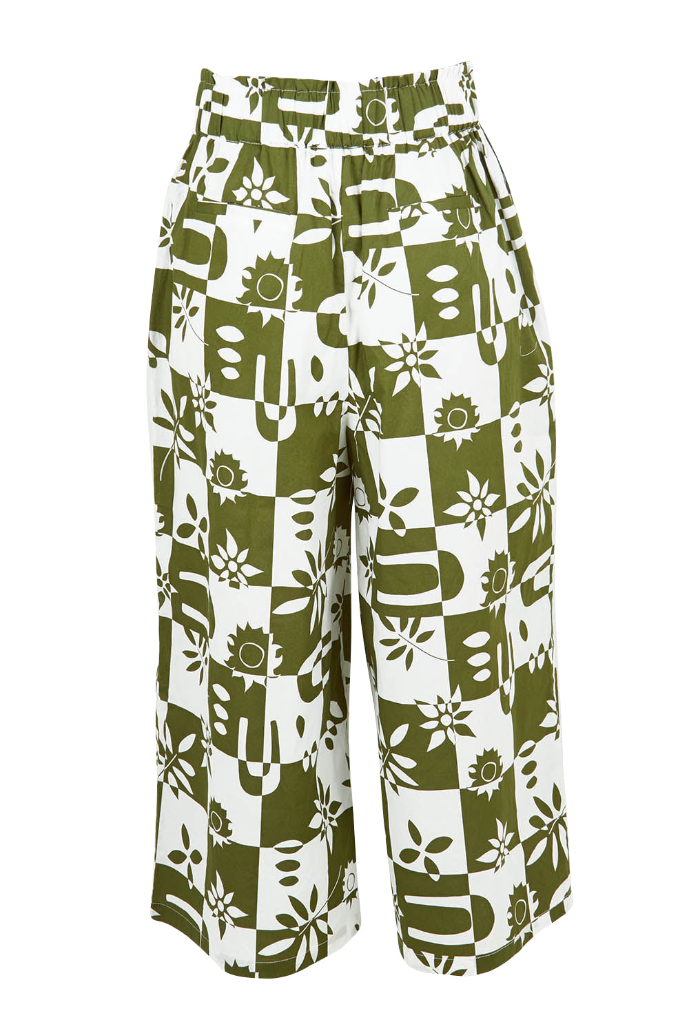 Product shot of the Cabo Cotton Crop Pant in colour Geofloral (Green), from the back
