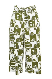 Product shot of the Cabo Cotton Crop Pant in colour Geofloral (Green), from the front