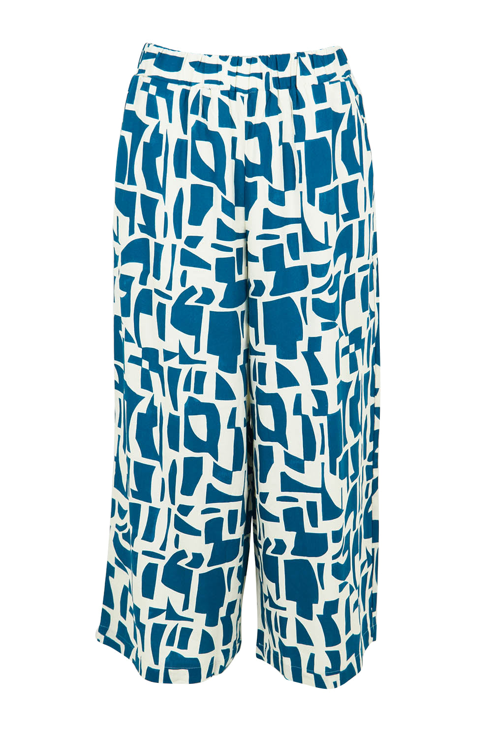 Product shot of the Senorita Linen Blend Pant in colour Geoprint (Blue), from the front