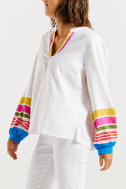 A model wearing the Blossom Linen Blend Blouse in colour White (White), from the front, cropped image
