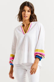 A model wearing the Blossom Linen Blend Blouse in colour White (White), from the front, cropped image