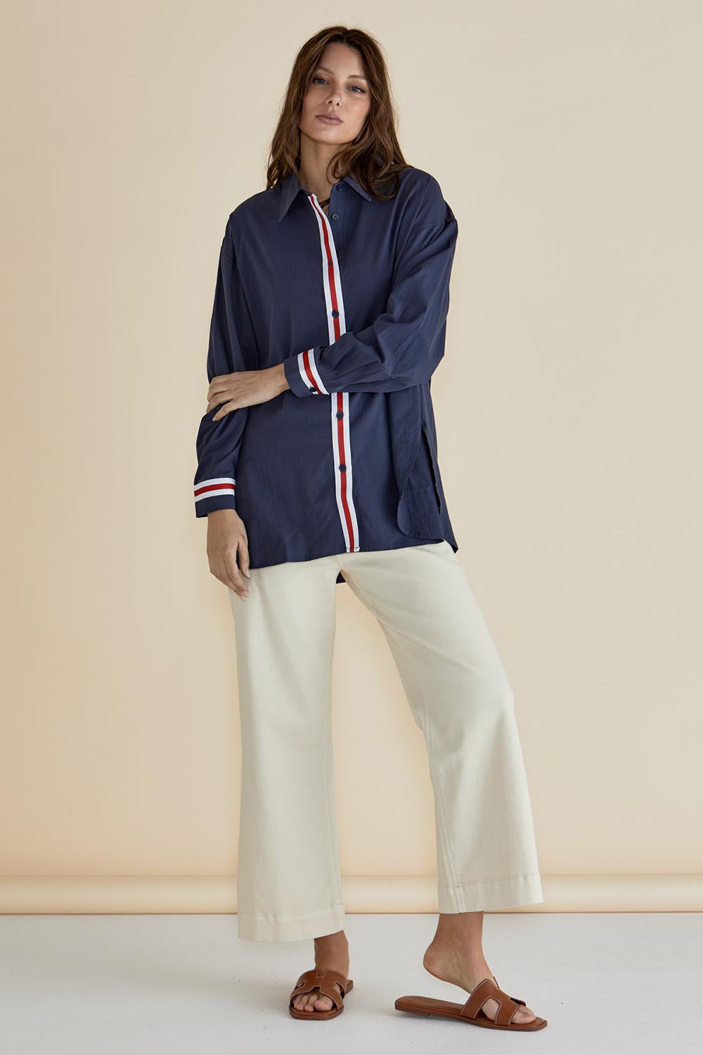 A model wearing the Claire Classic Cotton Shirt in colour Frenchblue (Blue), from the front, showing the whole outfit
