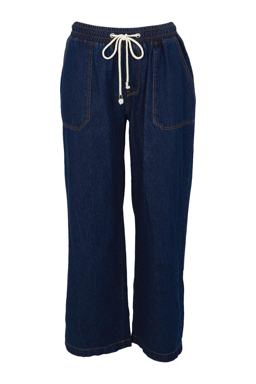 Product shot of the Drapey Denim Jogger in colour Sapphire (Blue), from the front