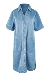 Product shot of the Dawson Denim Dress in colour Midwash (Blue), from the front