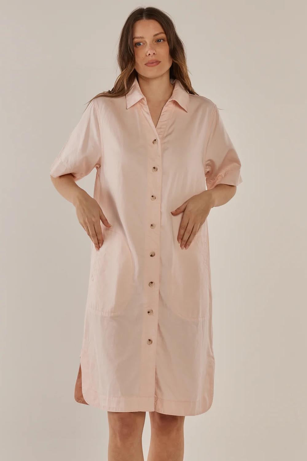 A model wearing the Dawson Denim Dress in colour Pink (Pink), from the front, cropped image