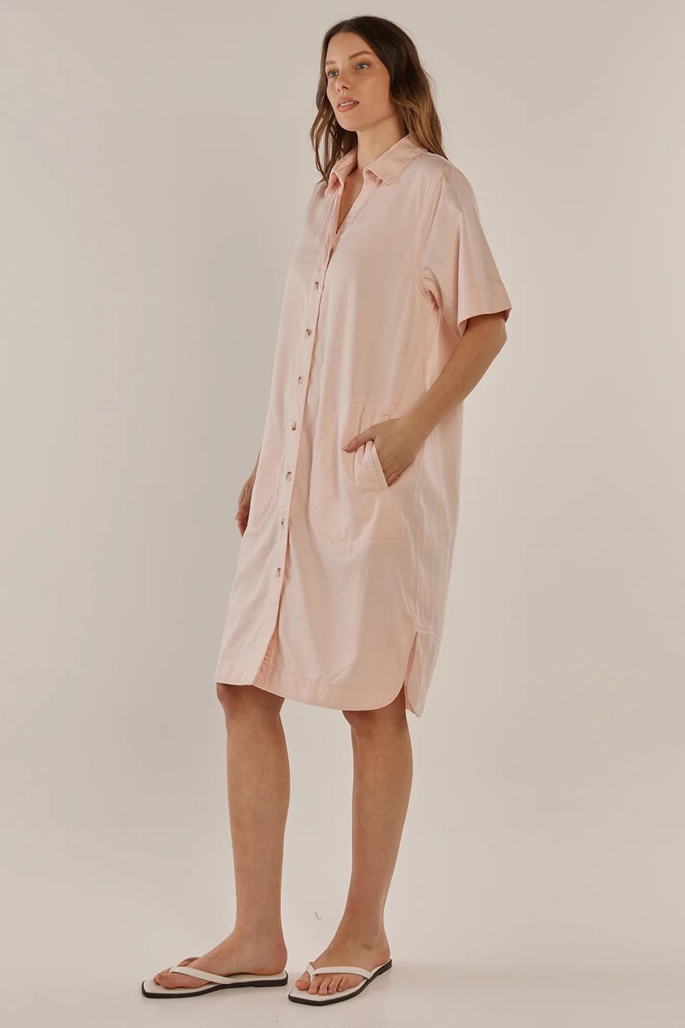 A model wearing the Dawson Denim Dress in colour Pink (Pink), from the front, showing the whole outfit