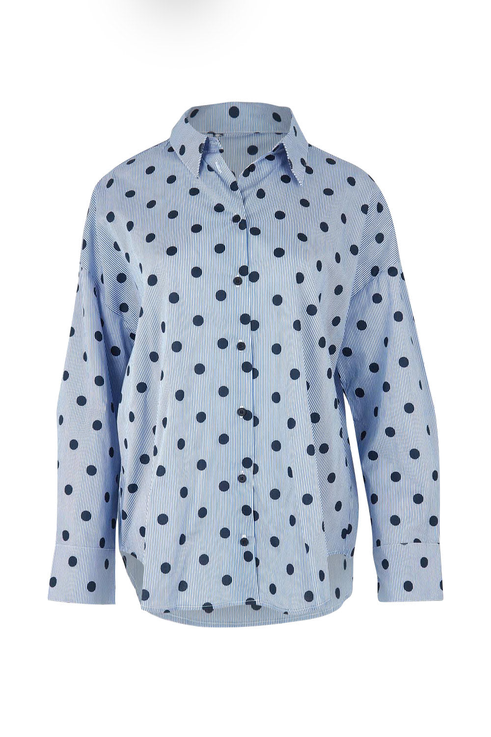 Product shot of the Sage Cotton Shirt in colour Polkadot (Blue), from the front