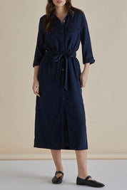 A model wearing the Betty Lyocell Shirt Dress in colour Bluevintag (Blue), from the front, cropped image