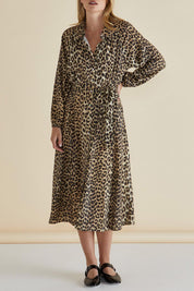 A model wearing the Lisa Leopard Shirt Dress in colour Leopard, from the front, cropped image