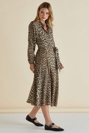 A model wearing the Lisa Leopard Shirt Dress in colour Leopard, from the front, showing the whole outfit