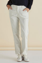 A model wearing the Carey Cotton Blend Chino Jogger in colour Stone, from the front, cropped image