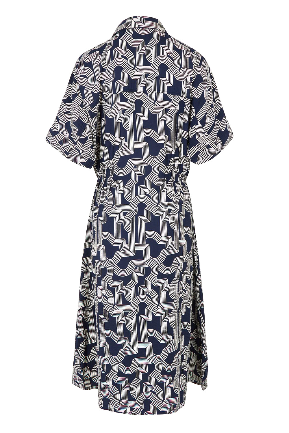 Product shot of the Skye Dress in colour Navygeo (Blue), from the back