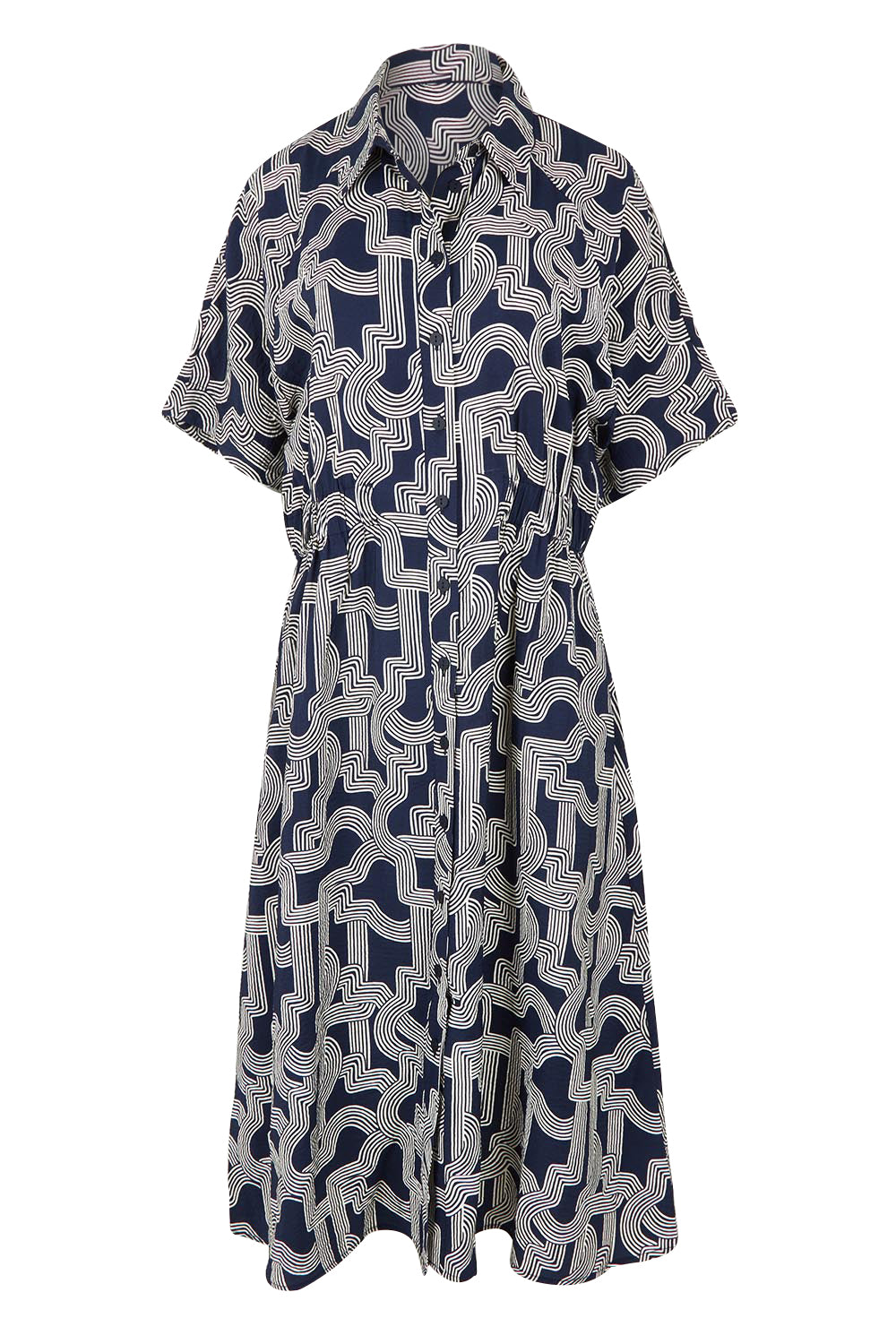 Product shot of the Skye Dress in colour Navygeo (Blue), from the front