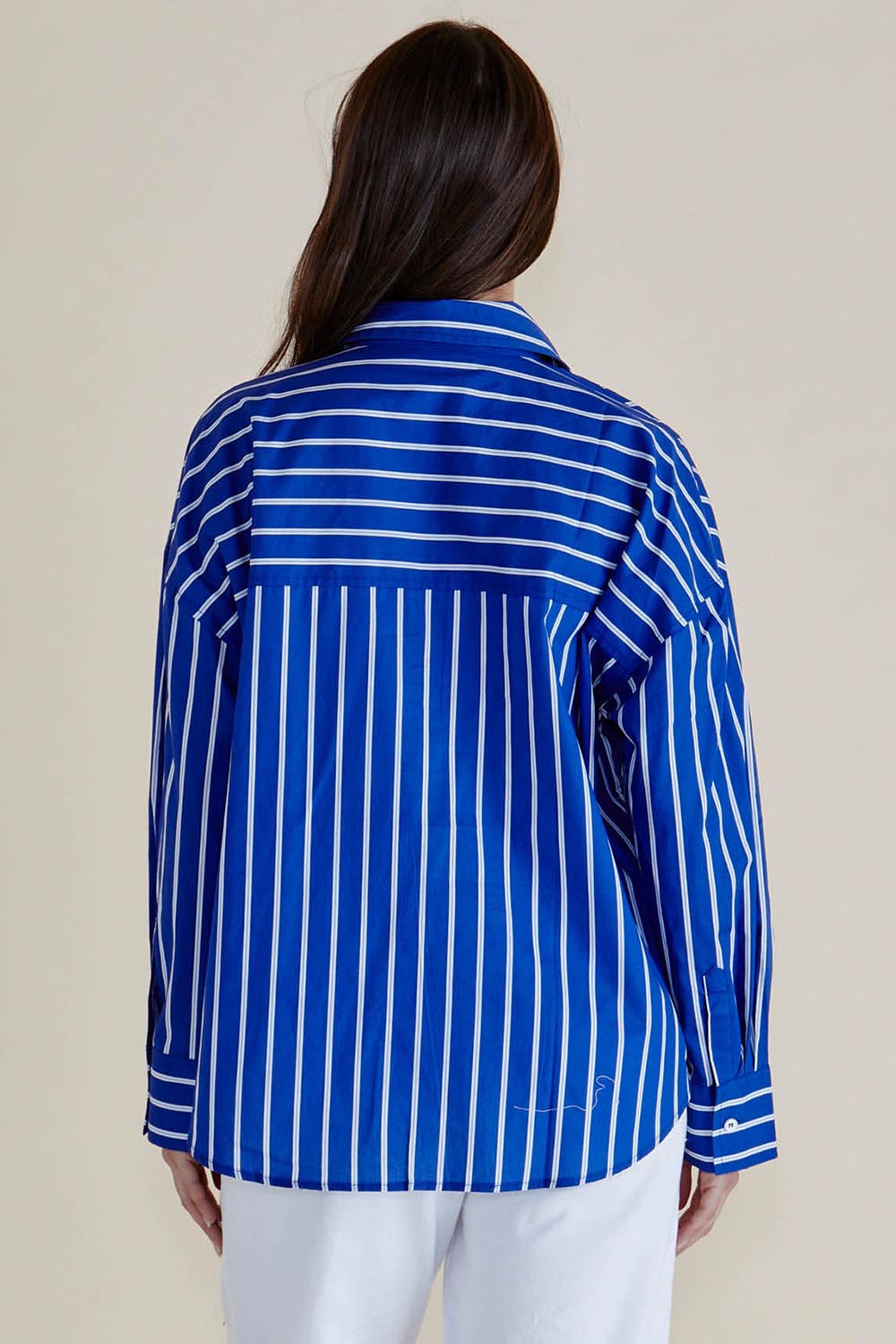A model wearing the Regatta Blue Stripe Cotton Shirt in colour Blue (Blue), from the back