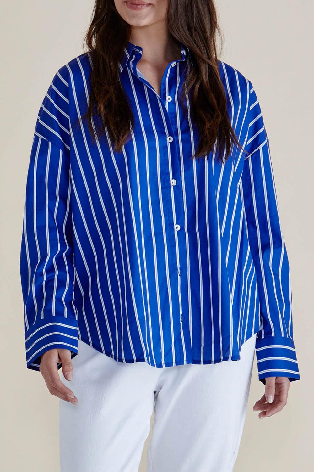A model wearing the Regatta Blue Stripe Cotton Shirt in colour Blue (Blue), from the front, cropped image