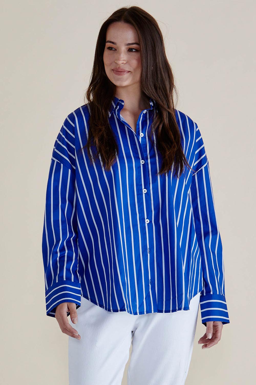 A model wearing the Regatta Blue Stripe Cotton Shirt in colour Blue (Blue), from the front, cropped image