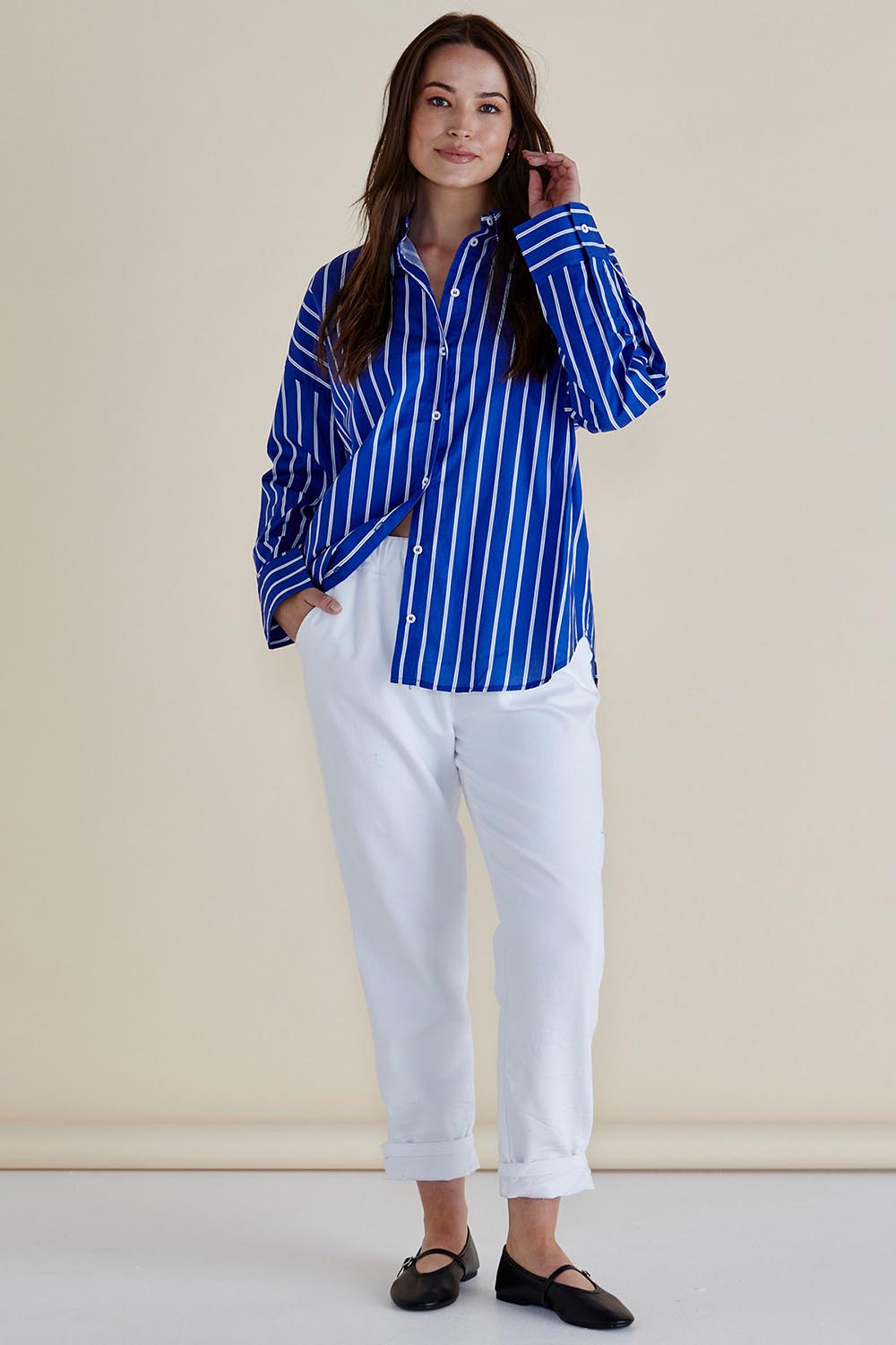 A model wearing the Regatta Blue Stripe Cotton Shirt in colour Blue (Blue), from the front, showing the whole outfit