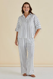 A model wearing the Lynwood Linen Blend Shirt in colour Blkwhite (White), from the front, showing the whole outfit