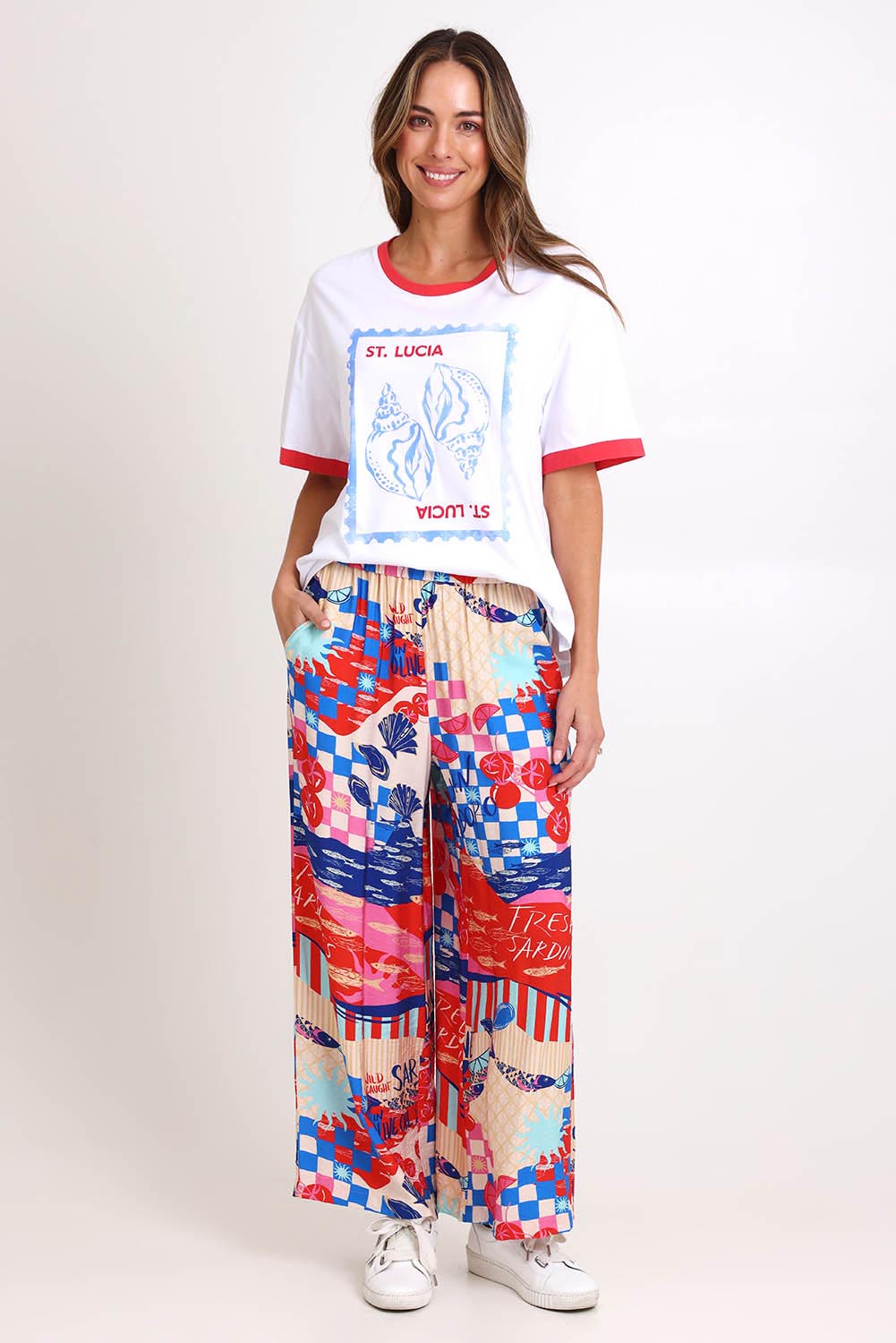 Model Madelinec wearing size 10 of the Sable Wide Leg Pant – Mediterranean in colour Mediterranean, from the front