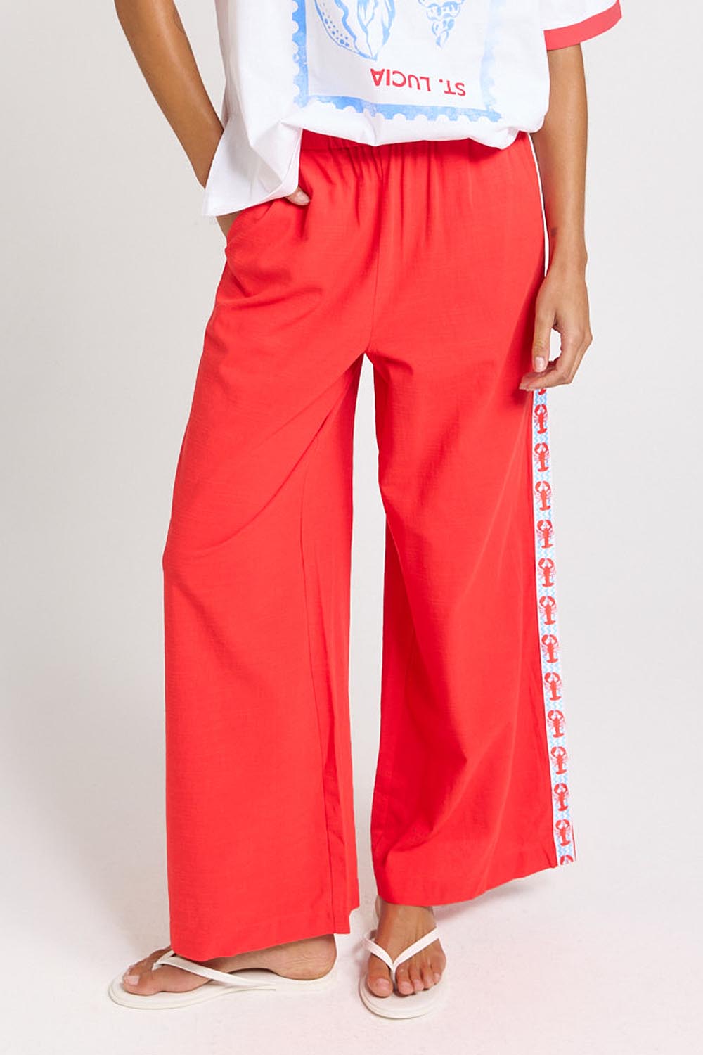 Model Genericm wearing size sample of the Sable Wide Leg Pant – Red in colour Red, from an angle