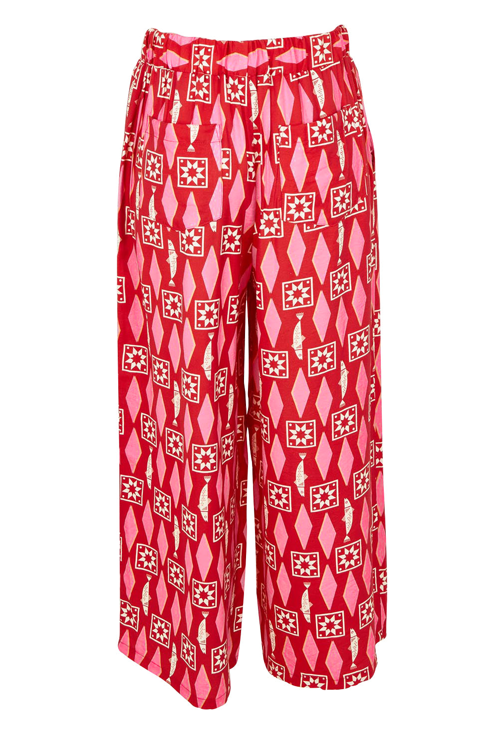 Product shot of the Copacabana Relax Pant in colour Sardinia (Red), from the back