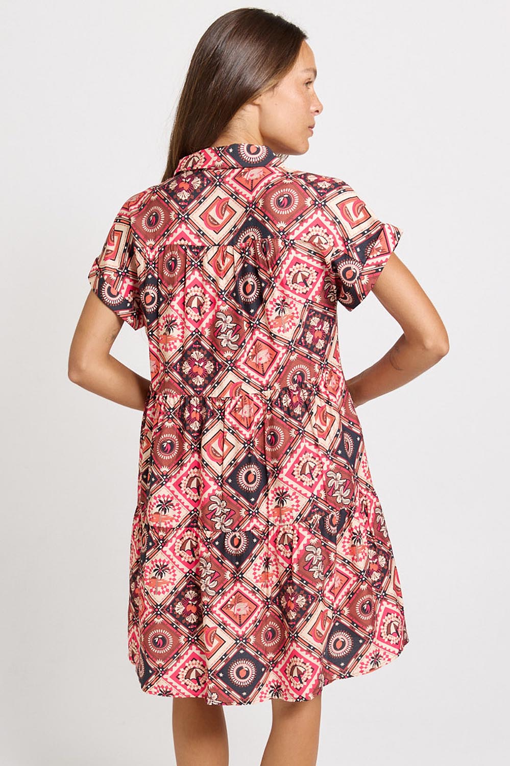 Model Genericm wearing size sample of the Copacabana Shirt Dress – Coco in colour Coco, from the back