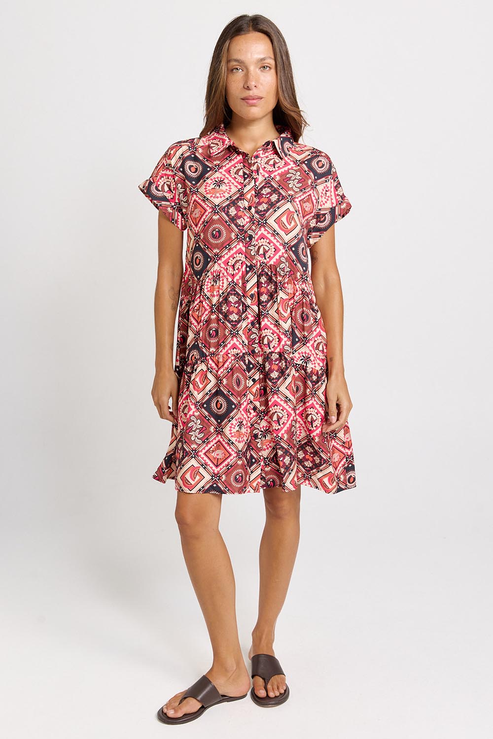 Model Genericm wearing size sample of the Copacabana Shirt Dress – Coco in colour Coco, from the front