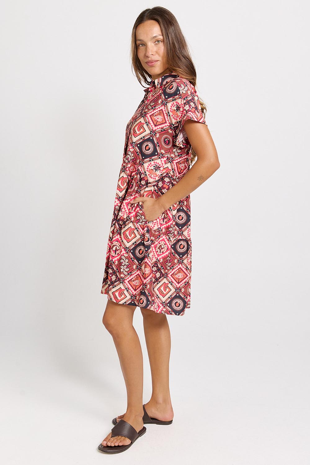Model Genericm wearing size sample of the Copacabana Shirt Dress – Coco in colour Coco, from the front