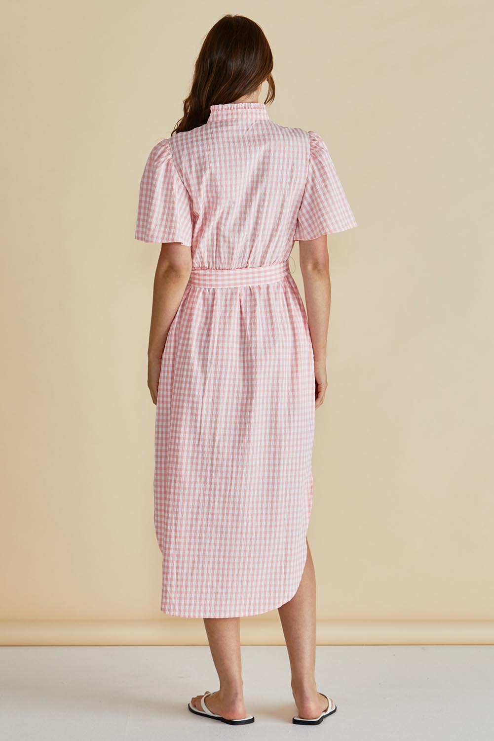 A model wearing the Immie Cotton Dress in colour Pink (Pink), from the back