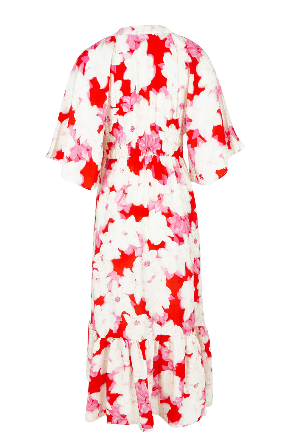 Product shot of the Moxie Dress in colour Redfloral (Red), from the back