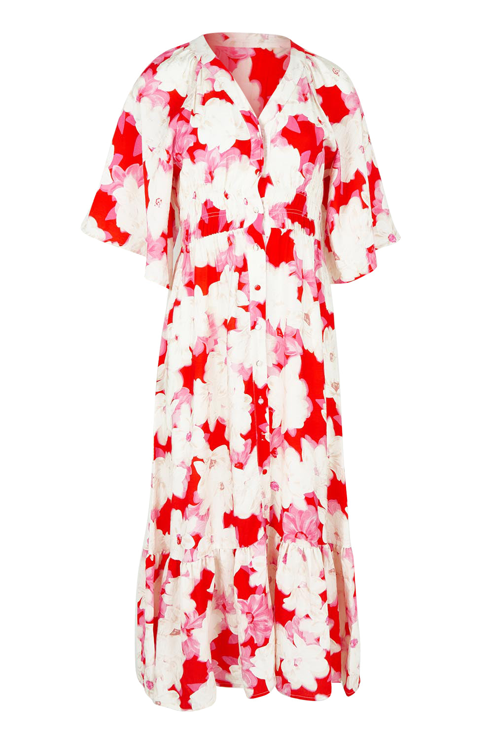 Product shot of the Moxie Dress in colour Redfloral (Red), from the front