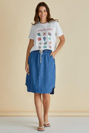 A model wearing the Dara Denim Skirt in colour Blue (Blue), from the front, showing the whole outfit