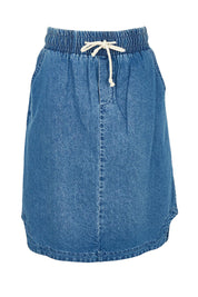 Product shot of the Dara Denim Skirt in colour Blue (Blue), from the front