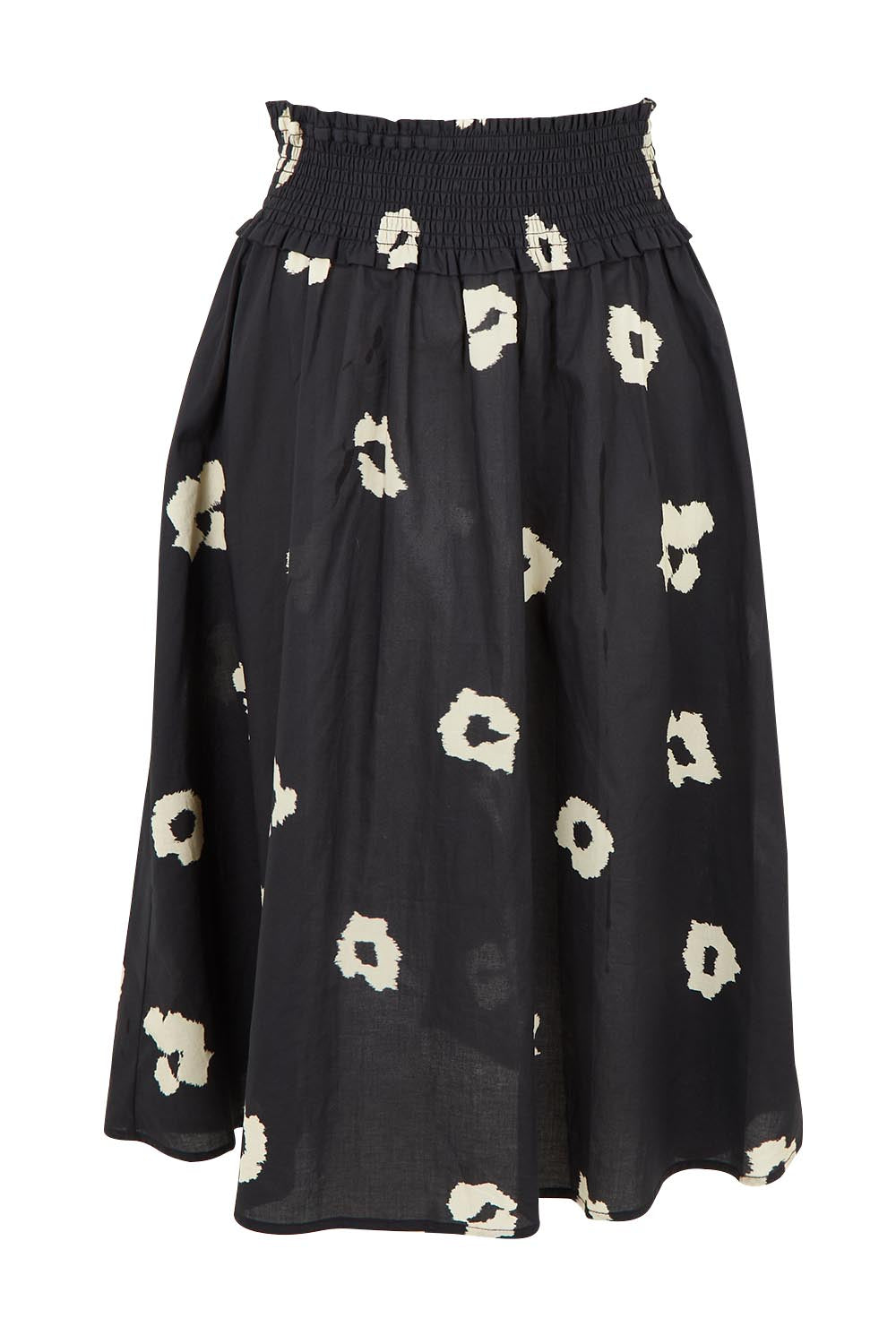 Product shot of the Reagan Cotton Poplin Skirt in colour Leopard (Black), from the front