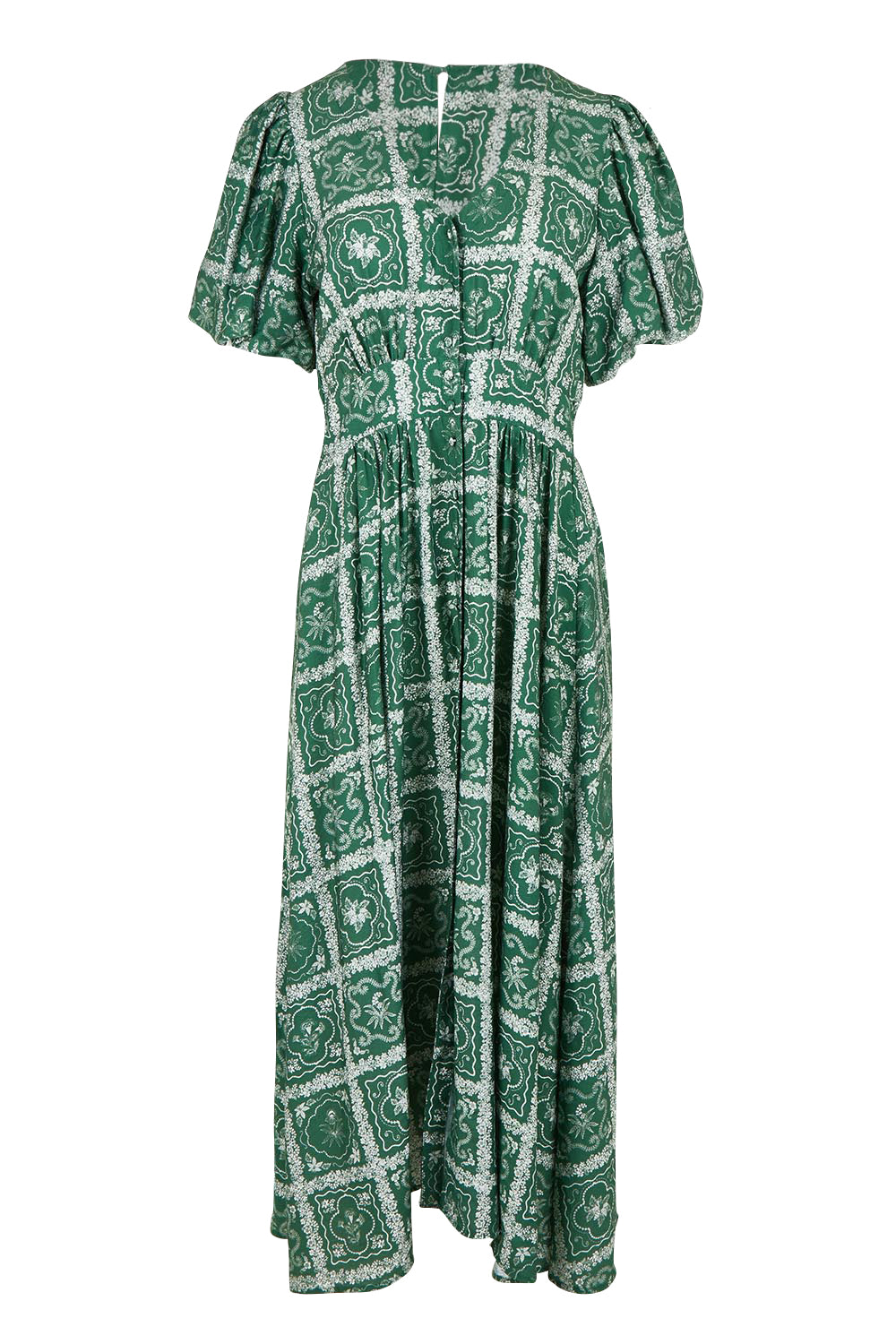 Product shot of the Dahlia Dress in colour Floral (Green), from the front