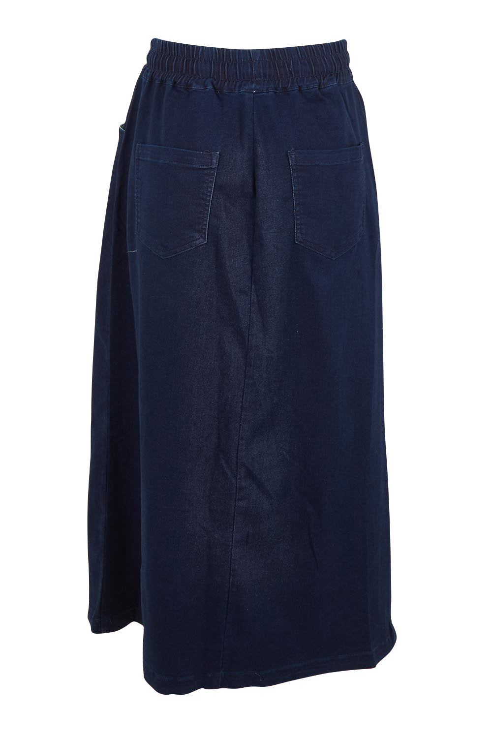 Product shot of the Denim Maxi Jogger Skirt in colour Darkblue (Blue), from the back