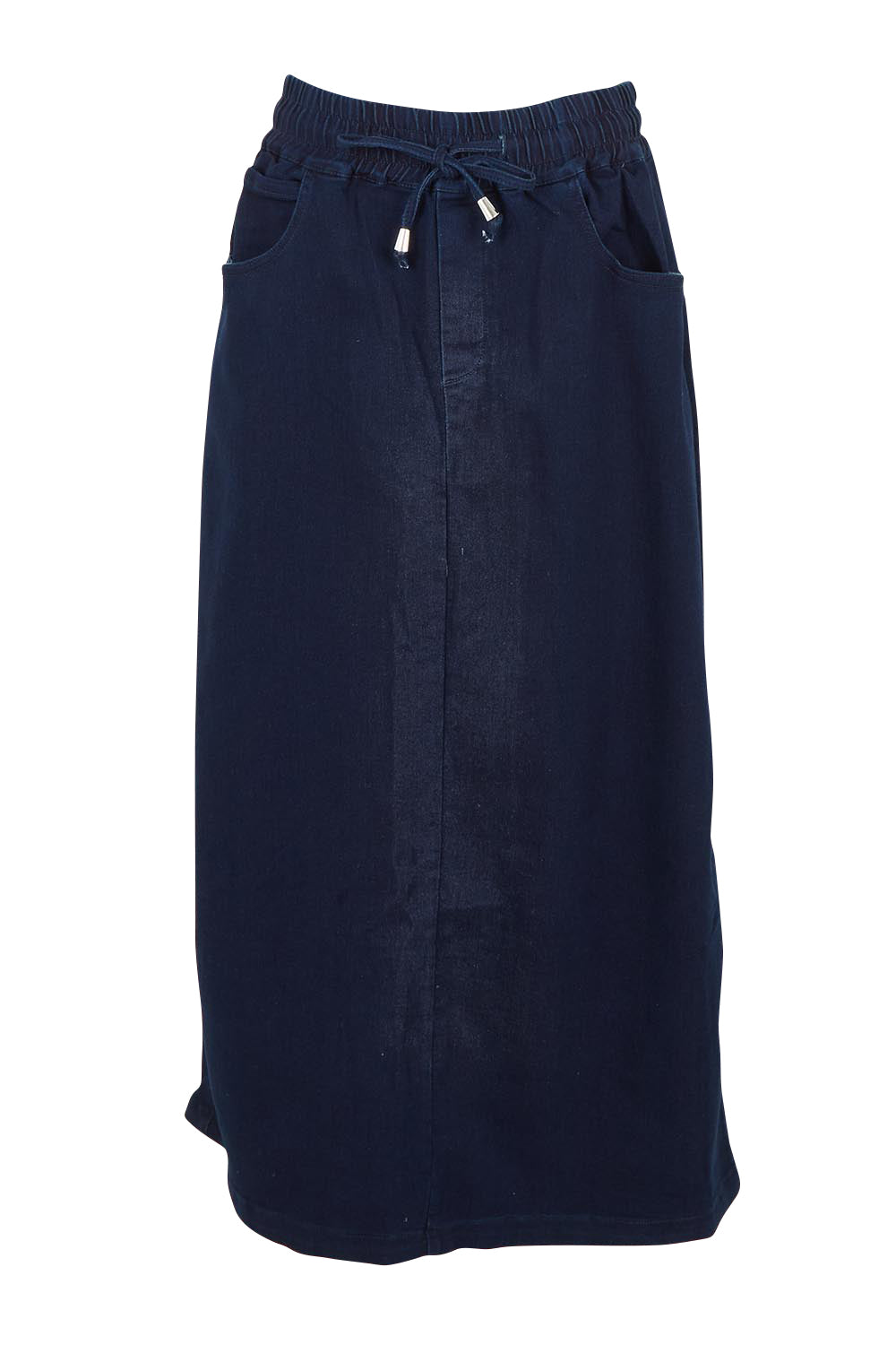 Product shot of the Denim Maxi Jogger Skirt in colour Darkblue (Blue), from the front