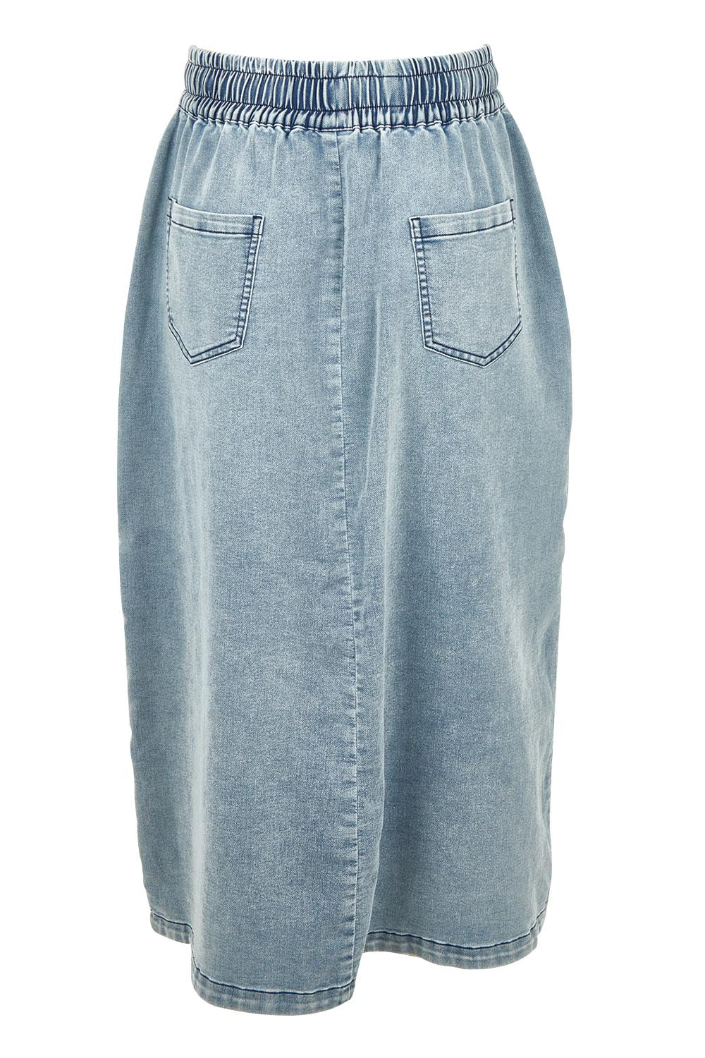 Product shot of the Denim Maxi Jogger Skirt in colour Lightblue (Blue), from the back