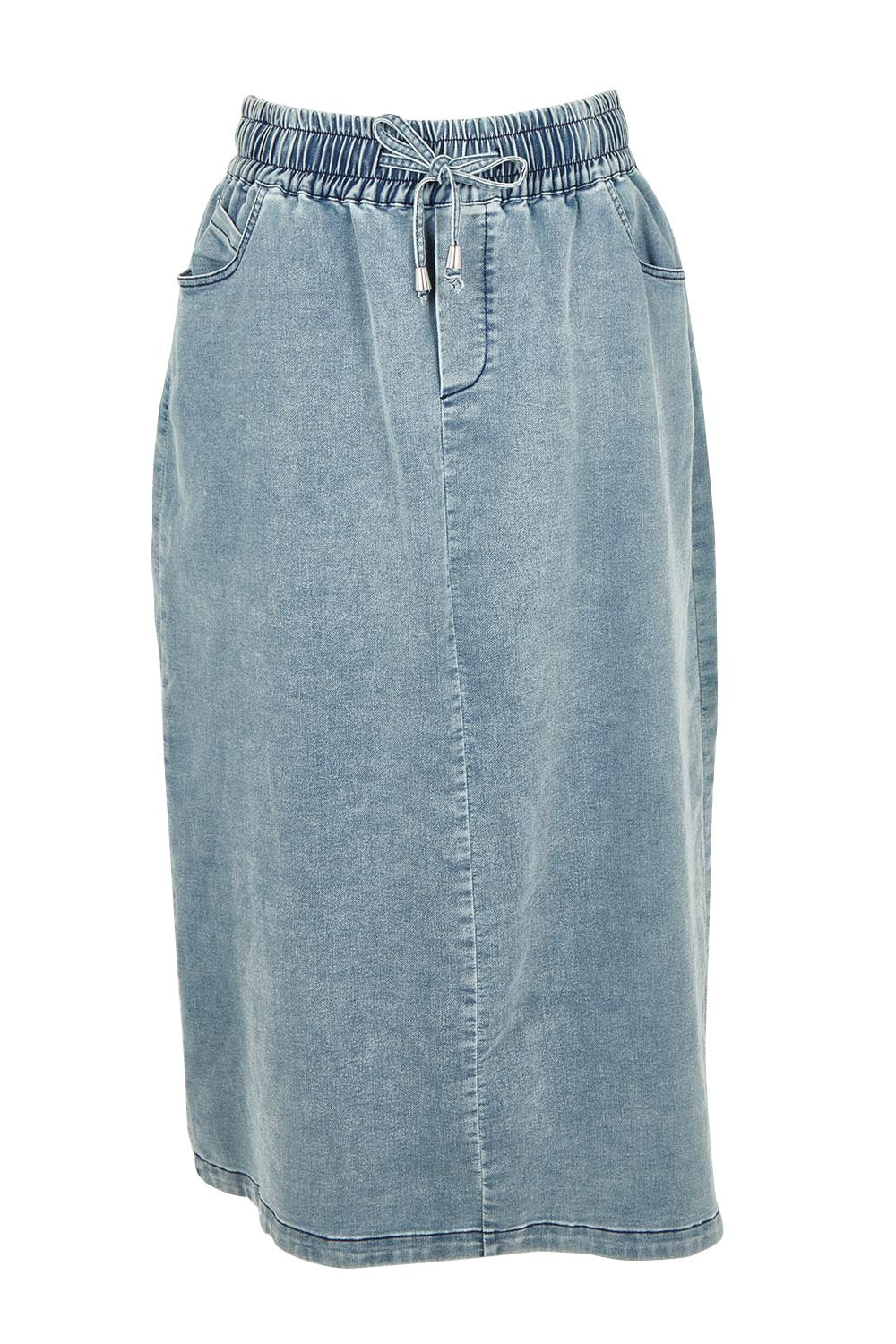 Product shot of the Denim Maxi Jogger Skirt in colour Lightblue (Blue), from the front