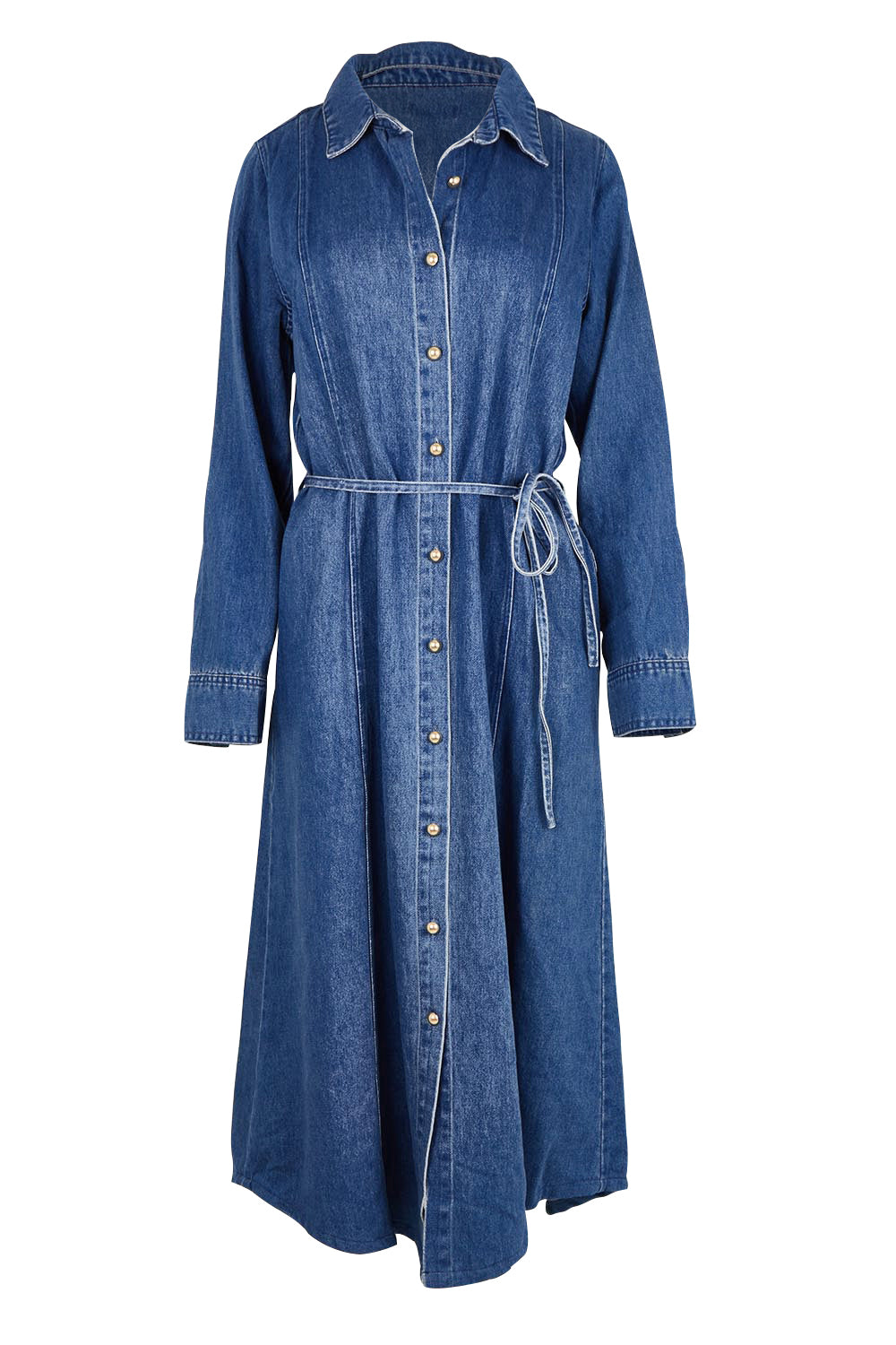 Product shot of the Nico Denim Dress – Midblue in colour Midblue, from the front