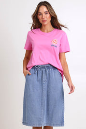 Model Madelinec wearing size 10 of the Quinn Cotton Skirt – Bluemed in colour Bluemed, in a cropped view