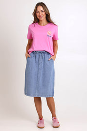 Model Madelinec wearing size 10 of the Quinn Cotton Skirt – Bluemed in colour Bluemed, from the front