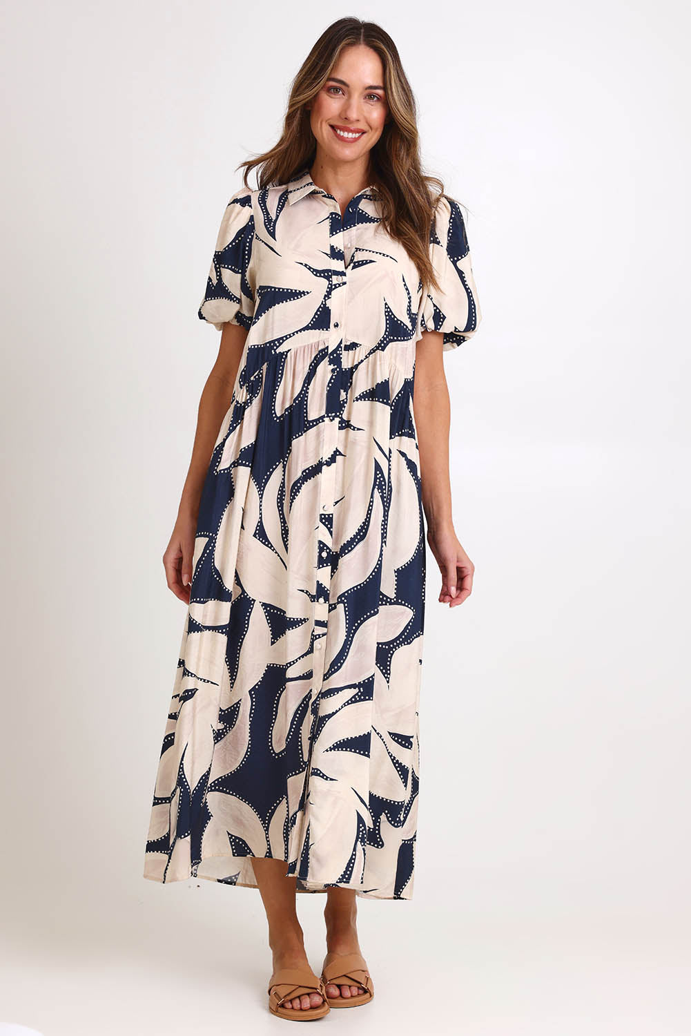 Model Madelinec wearing size 10 of the Nova Shirt Dress – Navy in colour Navy, from the front