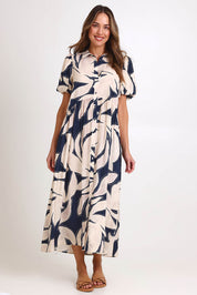 Model Madelinec wearing size 10 of the Nova Shirt Dress – Navy in colour Navy, from the front
