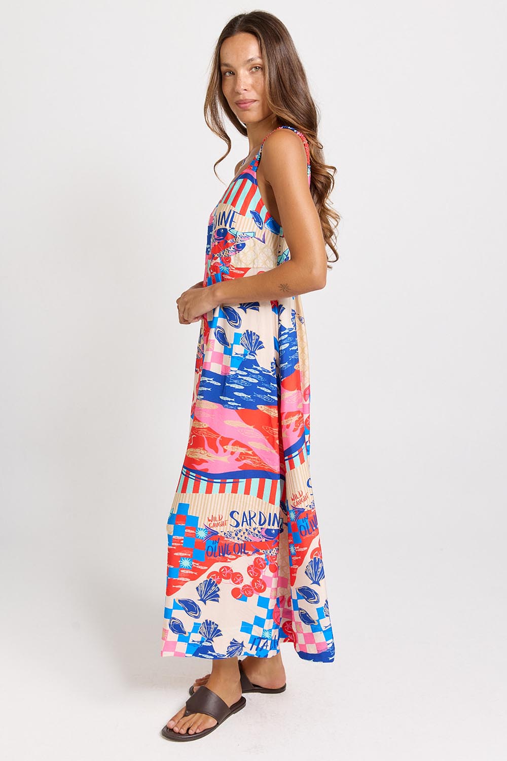 Model Genericm wearing size sample of the Sunset Dress – Mediterranean in colour Mediterranean, from the front